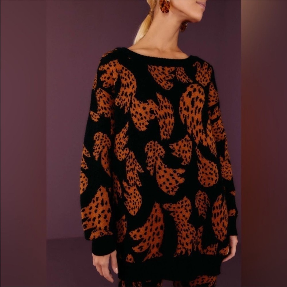 FARM Rio Women’s Black Brown Bananica Intarsia Crewneck Oversized Sweater XS - Picture 3 of 16